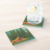 キャンピングテーマアート |湖の森のテント ガラスコースター (アングル)