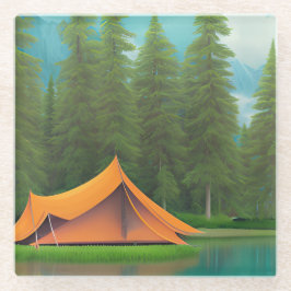 キャンピングテーマアート |湖の森のテント ガラスコースター