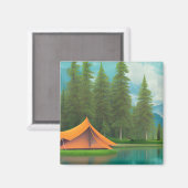 キャンピングテーマアート |湖の森のテント マグネット (正面/裏面)