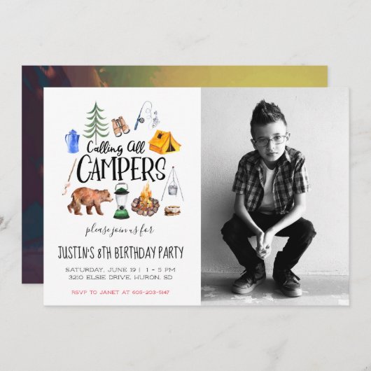 キャンピングテーマパーティの招待状 招待状 (正面/裏面)
