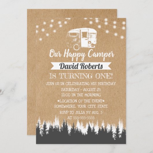 キャンピングトレーラハッピーキャンパークラフト素朴誕生日 招待状 (正面/裏面)