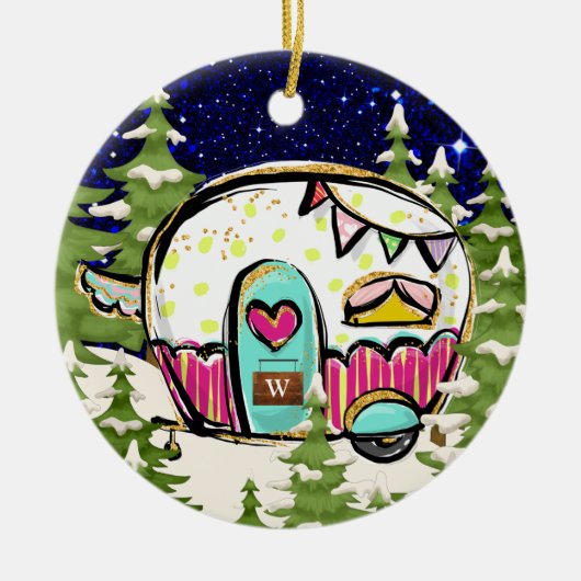 キャンピングトレーラーとドアサイン セラミックオーナメント (正面)