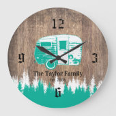 キャンピングトレーラーハッピーキャンパーズファミリーネーム木製 ラージ壁時計 (正面)