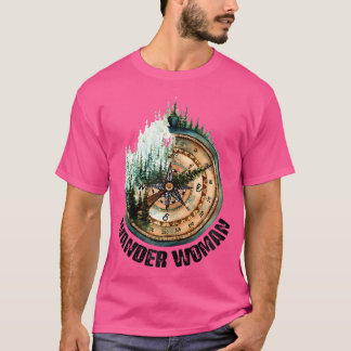 キャンピングハイキングL外に行く女性を探索 Tシャツ