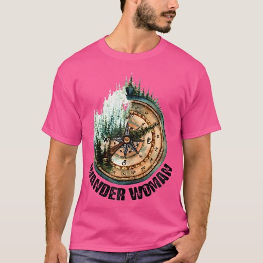 キャンピングハイキングL外に行く女性を探索 Tシャツ (正面)