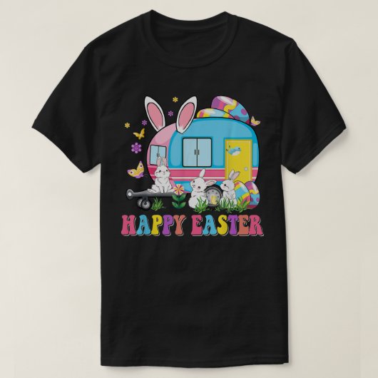 キャンピングハッピーイースタースクールバスドライバーキャンパーバン Tシャツ (デザイン正面)