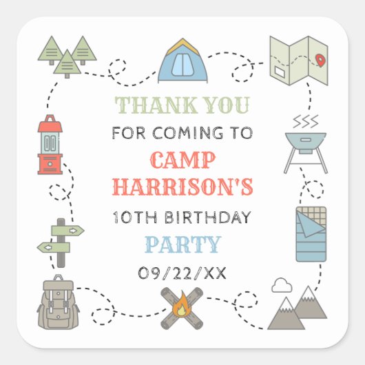 キャンピングバースデーパーティーありがとう スクエアシール (正面)