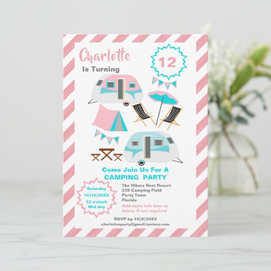 キャンピングバースデーパーティーカウトレトロスタイル 招待状 (スタンド正面)