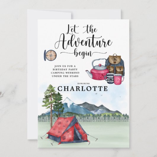 キャンピングバースデーパーティーガールズウィークエンド招待状 招待状 (正面)