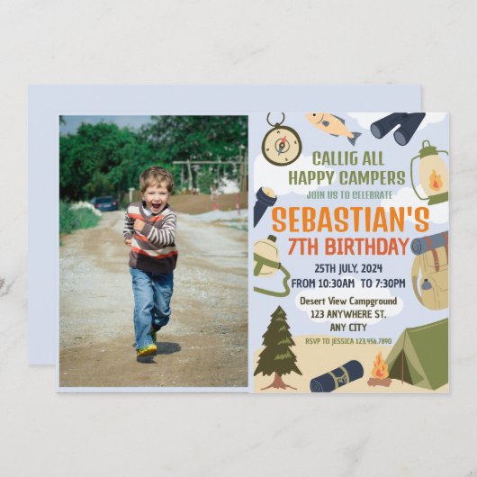 キャンピングバースデーパーティーキッズモダン招待状 招待状 (正面/裏面)