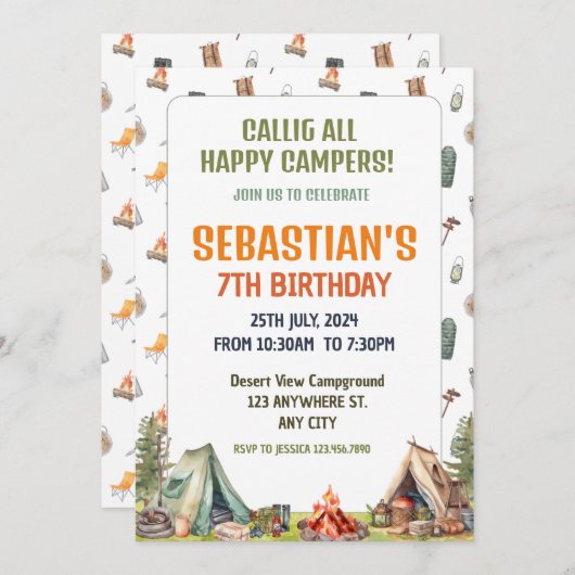 キャンピングバースデーパーティーキッズモダン招待状 招待状 (正面/裏面)