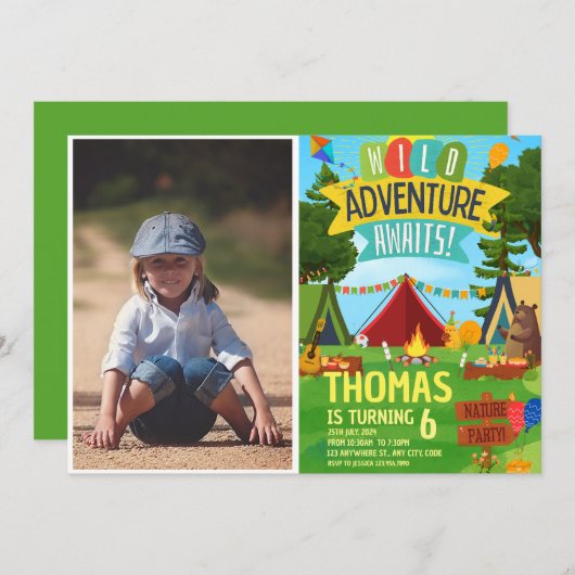 キャンピングバースデーパーティーキッズモダン招待状 招待状 (正面/裏面)