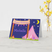 キャンピングバースデーパーティースリープピンク&パープル カード (黄色い花)