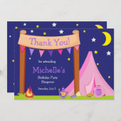 キャンピングバースデーパーティースリープピンク&パープル サンキューカード (正面/裏面)