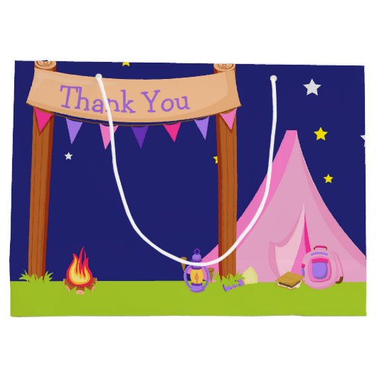 キャンピングバースデーパーティースリープピンク&パープル ラージペーパーバッグ (裏面)