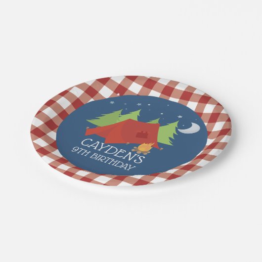 キャンピングバースデーパーティープレートレッドプレイド ペーパープレート (アングル)