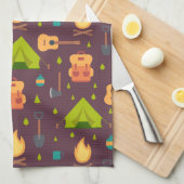 キャンピングパター素朴ンのテントとギター キッチンタオル (四つ折り)