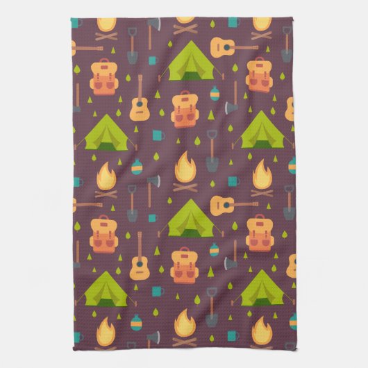 キャンピングパター素朴ンのテントとギター キッチンタオル (縦)