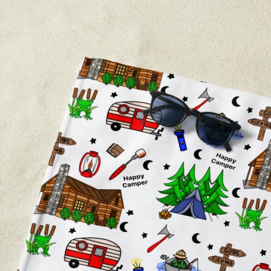 キャンピングパーソナライズされたをテーマにしたハッピーキャンパー ビーチタオル (インサイチュ)