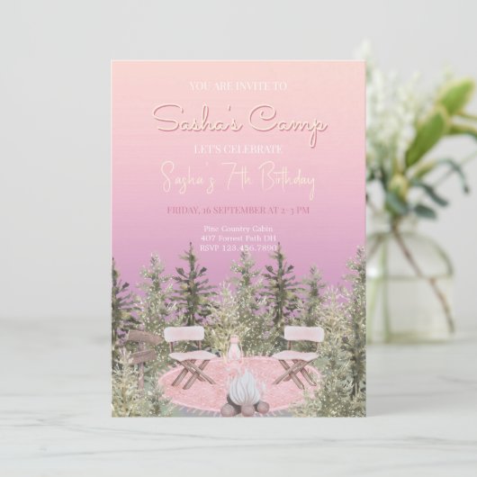 キャンピングピクニックフォレストガール誕生日招待状 招待状 (スタンド正面)