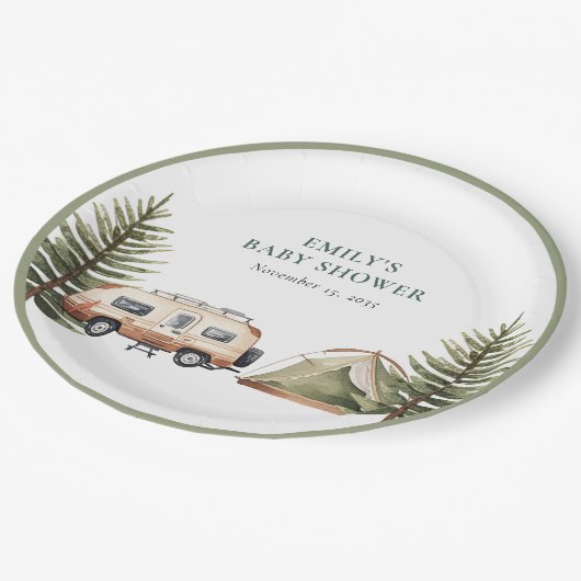 キャンピングフォレストの水の色ベビーシャワー ペーパープレート (アングル)