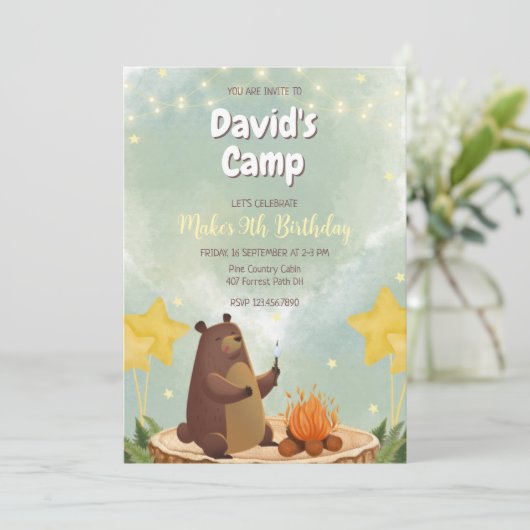 キャンピングフォレストベアーボーイ誕生日招待状 招待状 (スタンド正面)