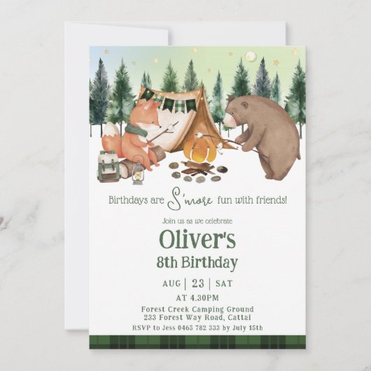キャンピングベアキツネの詳細おもしろいフレンズ誕生日 招待状 (正面)