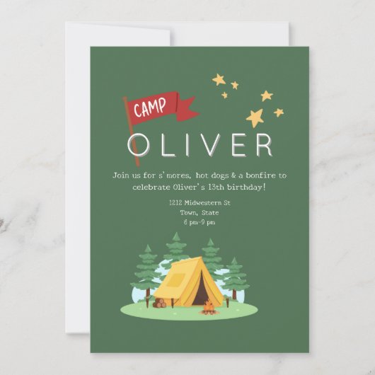 キャンピングボンファイアアウトドアアドベンチャー誕生日 招待状 (正面)