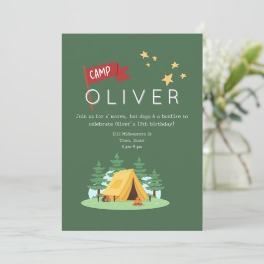 キャンピングボンファイアアウトドアアドベンチャー誕生日 招待状 (スタンド正面)