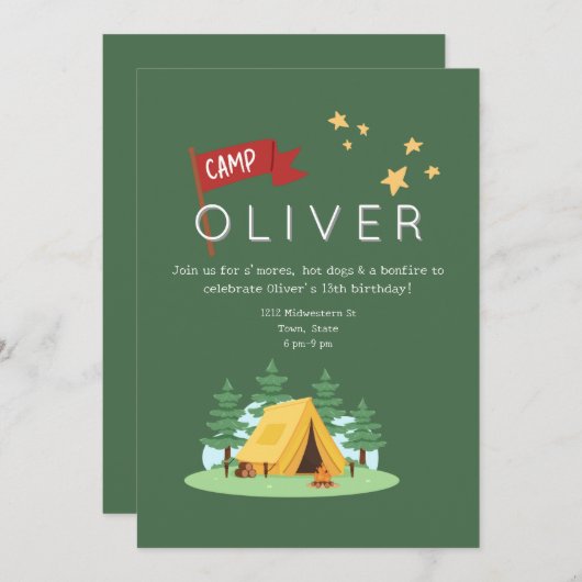 キャンピングボンファイアアウトドアアドベンチャー誕生日 招待状 (正面/裏面)
