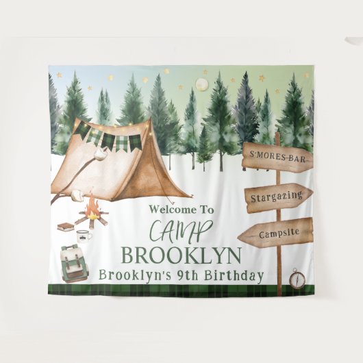 キャンピングボンファイアキャンプファイアズモーレスアウトドア誕生日 タペストリー (正面(横))