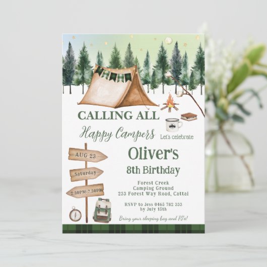 キャンピングボンファイアキャンプファイアズモーレスアウトドア誕生日 招待状 (スタンド正面)