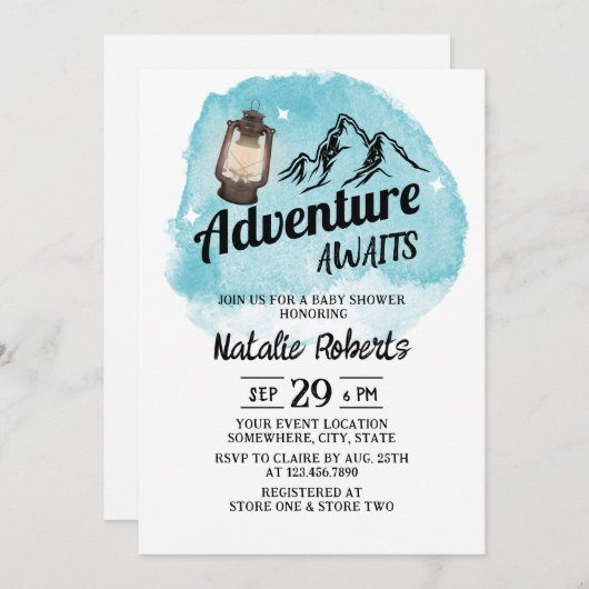 キャンピングマウンテンアドベンチャーウォーターカラーベビーシャワー 招待状 (正面/裏面)