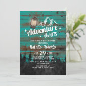 キャンピングマウンテンアドベンチャー素朴ティール(緑がかった色)ベビーシャワー 招待状 (スタンド正面)