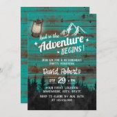 キャンピングマウンテンアドベンチャー素朴ティール（緑がかった色）退職 招待状 (正面/裏面)