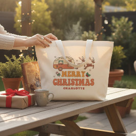 キャンピングメリークリスマストナカイパーソナライズされたー名 ラージトートバッグ