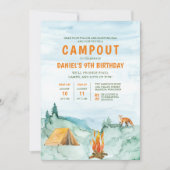 キャンピング ウッドランド 水彩 テント キャンプアウト 誕生日 招待状 (正面)