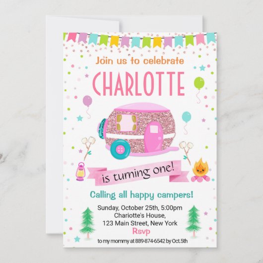 キャンピング キャンパー 屋外 誕生日 ご招待 招待状 (正面)
