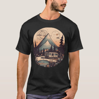 キャンピング ハイキング 夕焼け レトロモダンギフト Tシャツ