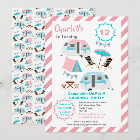 キャンピング バースデー パーティー かわいい レトロ スタイル 招待状 (正面/裏面)