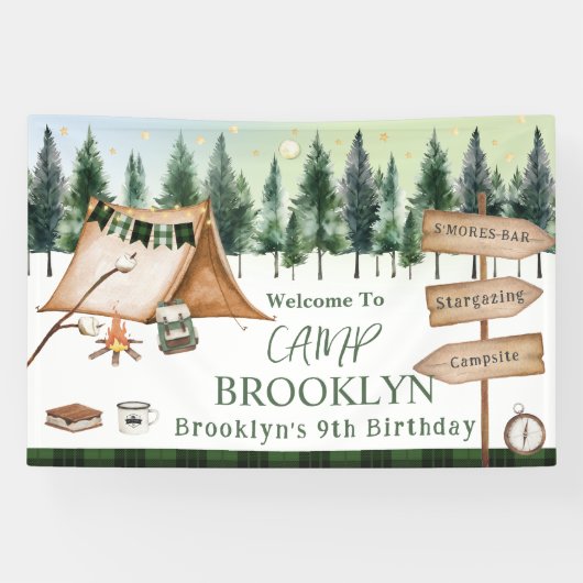 キャンピング・バーン・キャンプファイヤー・スモア・アウトドア・バースデー 横断幕 (横)