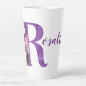 キャンピーパープル図解入りの、写真付きのきらめく文字R カフェラテマグ (正面)