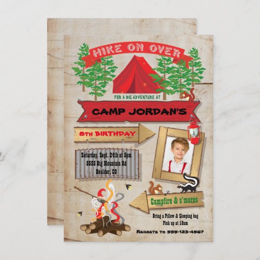 キャンピ素朴ングバースデーパーティフォト招待状 招待状 (正面/裏面)