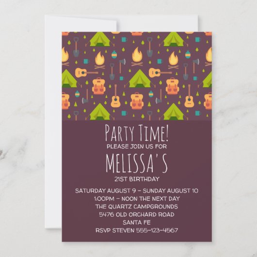 キャンピ素朴ングパターンテントとギター誕生日 招待状 (正面)