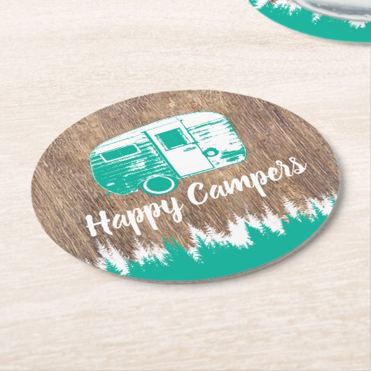 キャンプおもしろいハッピーキャンパーズ素朴フォレスト ラウンドペーパーコースター (アングル)