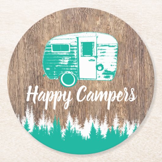 キャンプおもしろいハッピーキャンパーズ素朴フォレスト ラウンドペーパーコースター (正面)