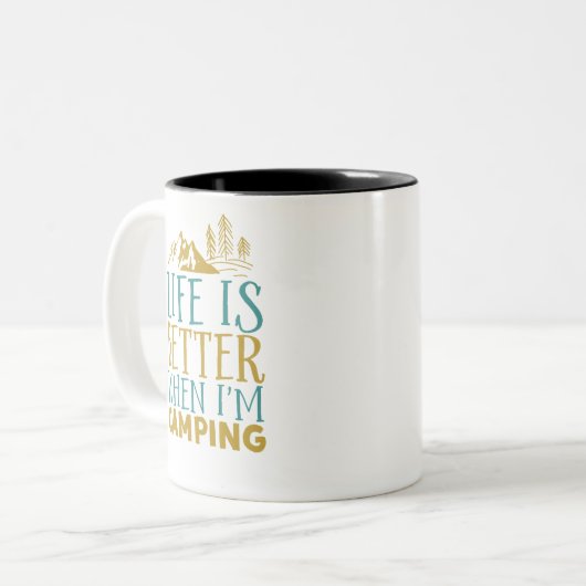キャンプおもしろい中のハイキング引用文ライフが向上 ツートーンマグカップ (正面左)