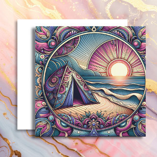 キャンプかわいらし場でのテントと日の出 カード