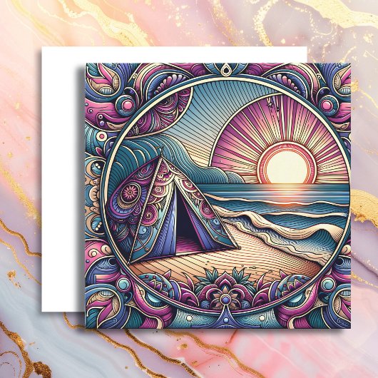 キャンプかわいらし場でのテントと日の出 カード