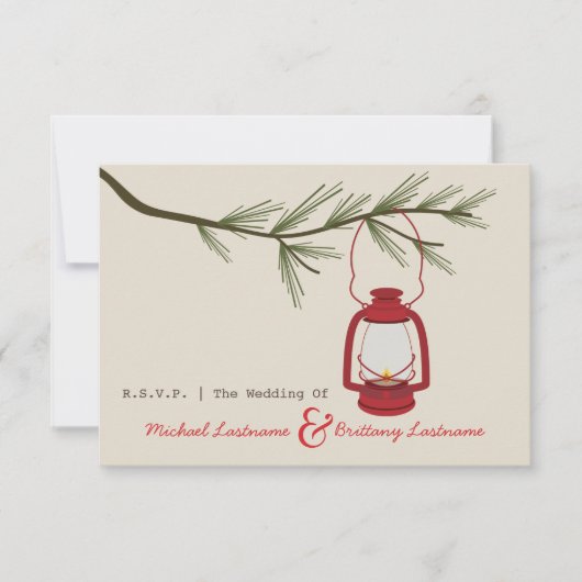 キャンプしている赤い油のランタンの常緑樹R.S.V.P.を結婚します 出欠カード (正面)